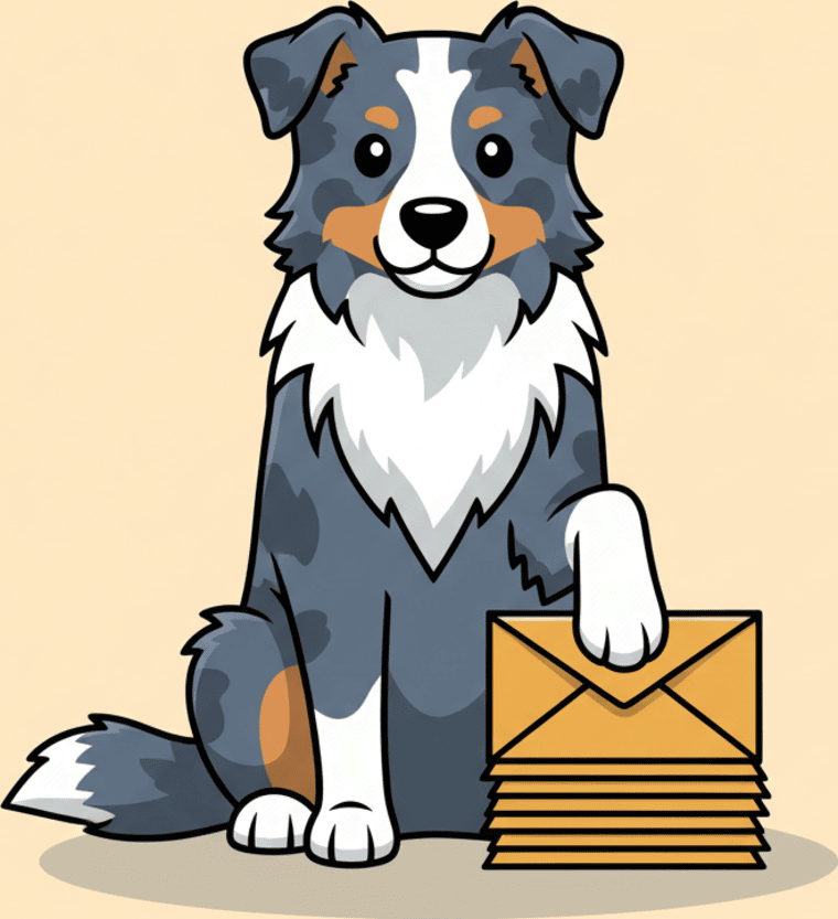 A blue merle shepherd sitting with one paw resting on a stack of envelopes